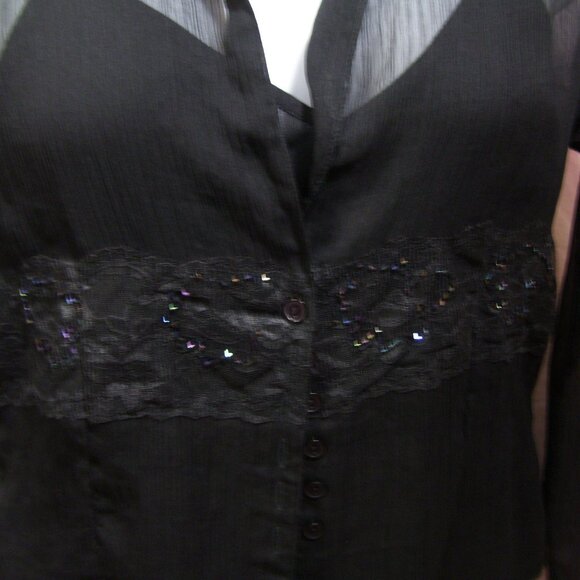 Gloria Vanderbilt Rich Black Sheer Blouse Set With Camisole Accent Bling Beads - Picture 6 of 10